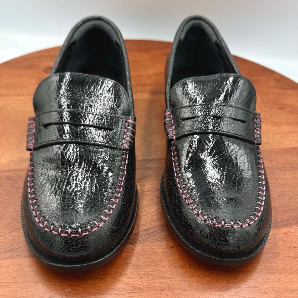 Free People Blanket Stitch Penny Loafers Black Pink Patent Academia‎ Womens 7